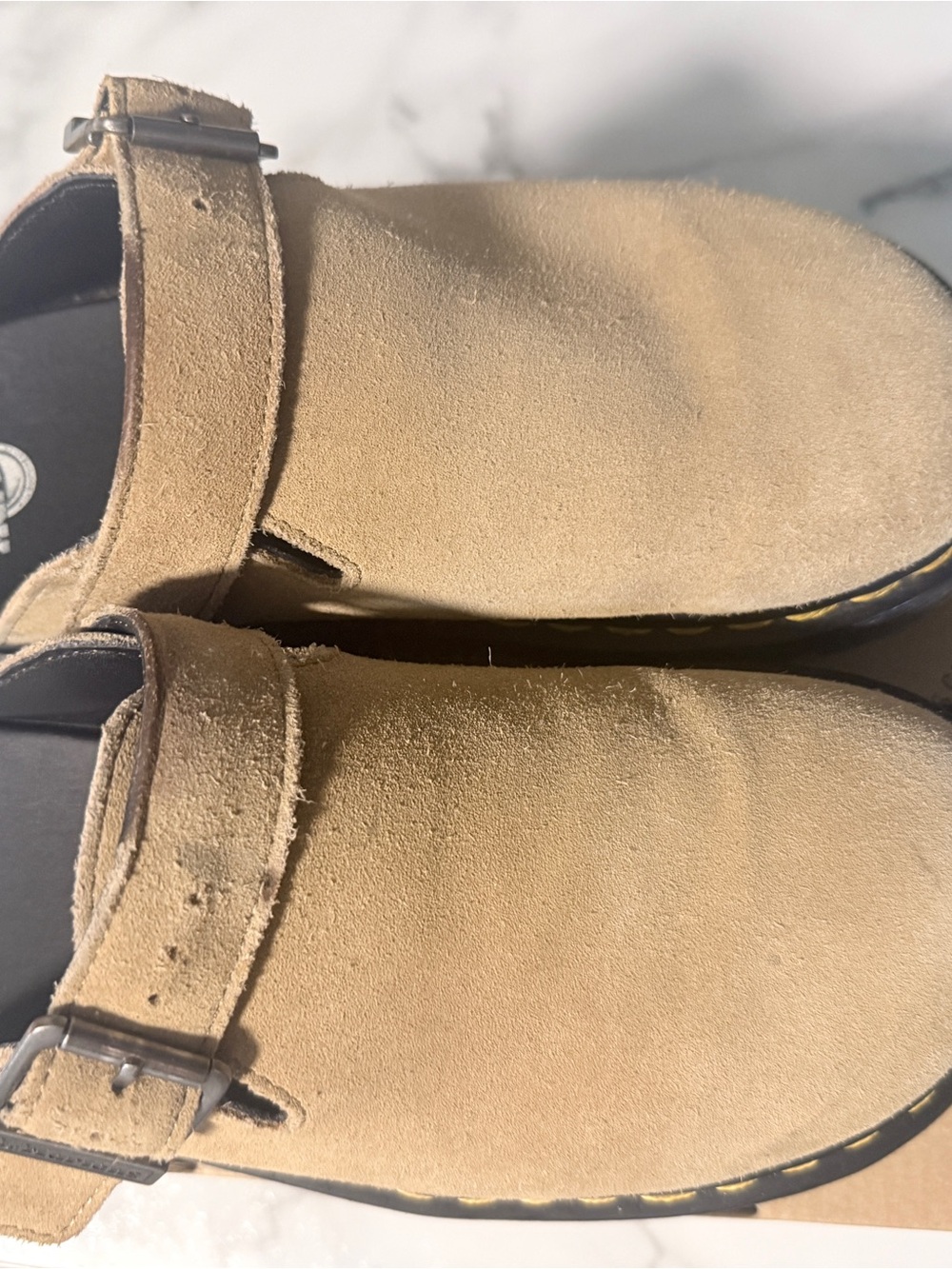 Dr. Martens Tan Suede Jadon Mule with Black Sole and Yellow Stitching - Picture 4 of 8